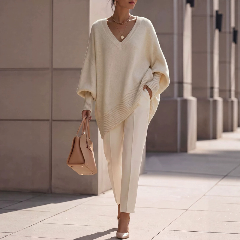 Independent Brand 2026 Spring European and American Cross-Border Long-Sleeve V-Neck Lazy Sweater for Women, Loose Mid-Length Knit Top Independent Brand 2026 Spring European and American Cross-Border Long-Sleeve V-Neck Lazy Sweater for Women, Loose Mid-Length Knit Top