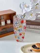 花瓶玻璃擺件輕奢圓點彩繪透明水養插花瓶客廳高顏值網圓點彩手繪