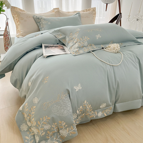 Light luxury 100-count long-staple cotton four-piece set of high-end pure cotton sheets and duvet covers, cotton embroidered four-season bedding 4