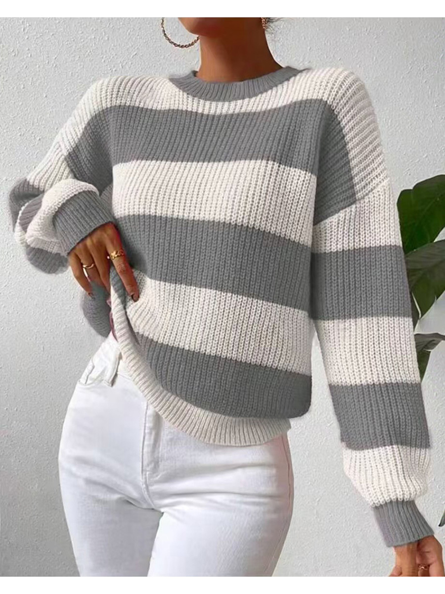 Regular Top Length Sweater Tops Type Wholesale Women's Casual Color Block Stripe Long Sleeve Contrast Binding Sweaters & Cardigans