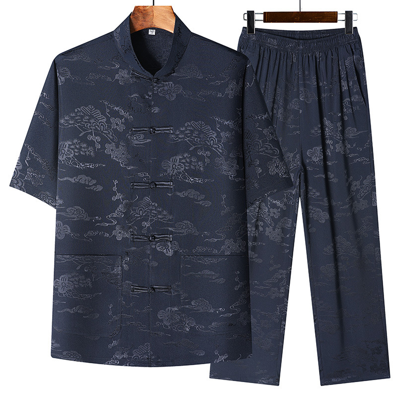 Pine and Crane Auspicious Clouds Jacquard Short-Sleeve Shirt and Trousers Two-Piece Set for Dad and Grandpa, Casual Tang Suit for Men's Morning Exercise Clothing