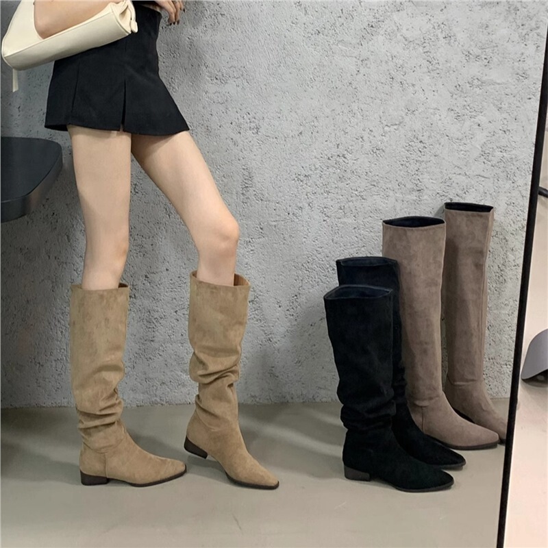 Sheepskin Version ~ 2025 New Slim Genuine Leather Suede Women's High Tube Riding Boots with Chunky Heels and Knee-High Boots