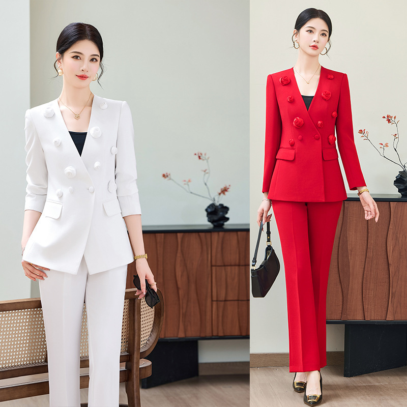 High-End Rose Floral Double-Breasted Waist-Cinching Blazer and Wide-Leg Pants Set for Women, Suitable for Work and Business, Two-Piece Suit for Spring