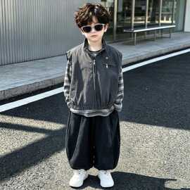 2309男童春秋马甲三件套2026秋季新款儿童韩版条纹卫衣休闲裤套装