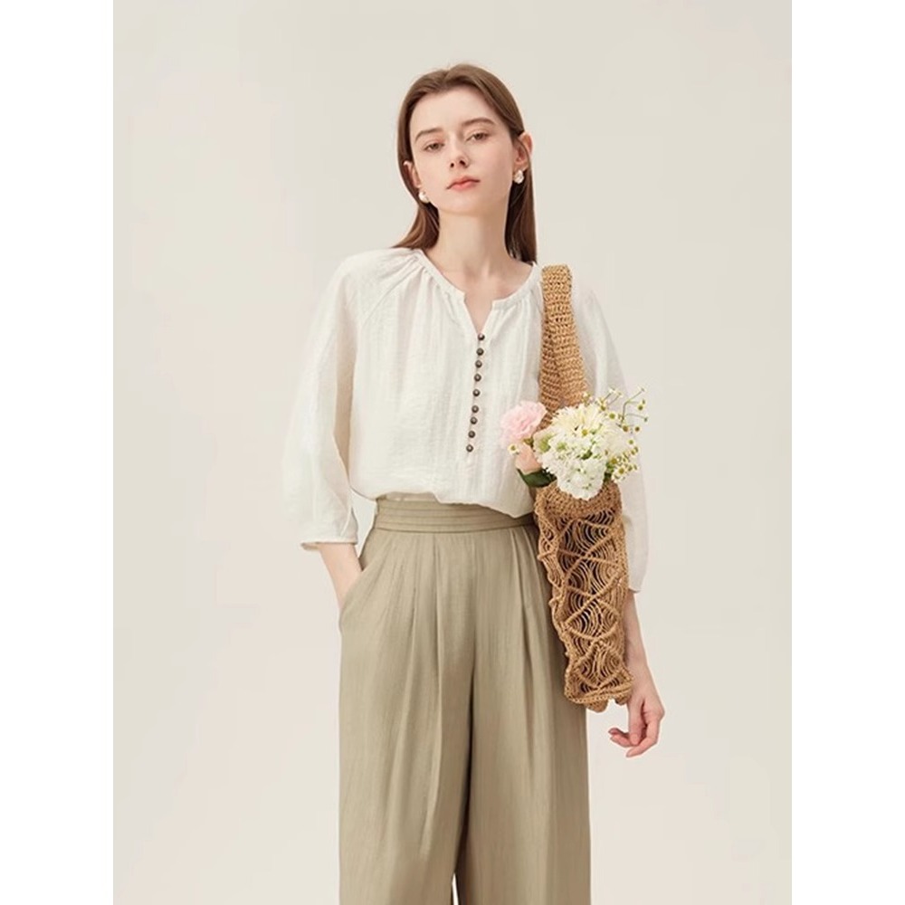 Áo sơ mi linen nữ tay lửng dáng rộng phong cách Pháp — Màu trắng nhạt