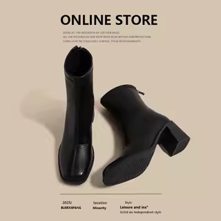 真皮复古时尚巨好看方头高跟短靴女2025秋冬新款百搭粗跟时装靴子|undefined
