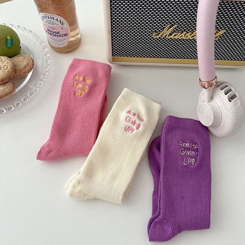 INS Embroidered English Vertical Bar Double Needle Mid-Calf Stacked Socks, Japanese Style, Unisex, Versatile, Korean Side English