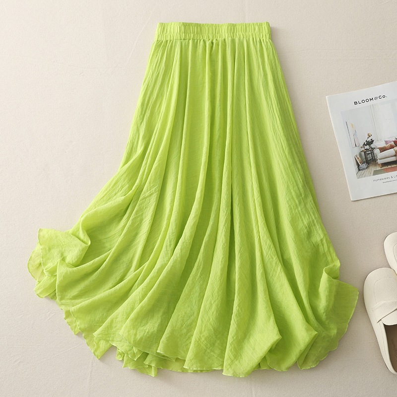 Sen Women's Artistic Plus Size Cotton Linen Skirt for Women 2025 Summer New Long Solid Color Elastic Waist Elegant A-Line Skirt