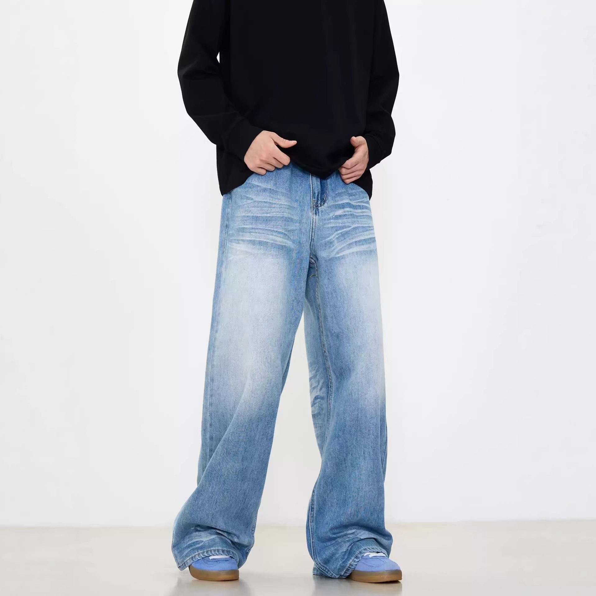 Men's Clothing Unisex American Style CleaAfit Distressed Denim Jeans Vintage Washed Floor Length Loose Straight Leg Wide Leg Trousers_mkmklike.com