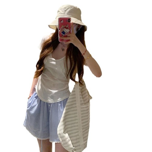 Women's Summer High-Waisted Drawstring Breathable Quick-Dry Sweet and Spicy Wide-Leg Beach Shorts with American Blue Stripes