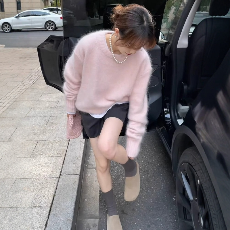 奶fufu慵懒粉色仿水貂绒毛衣女秋冬季宽松软糯针织衫减龄漂亮上衣|undefined