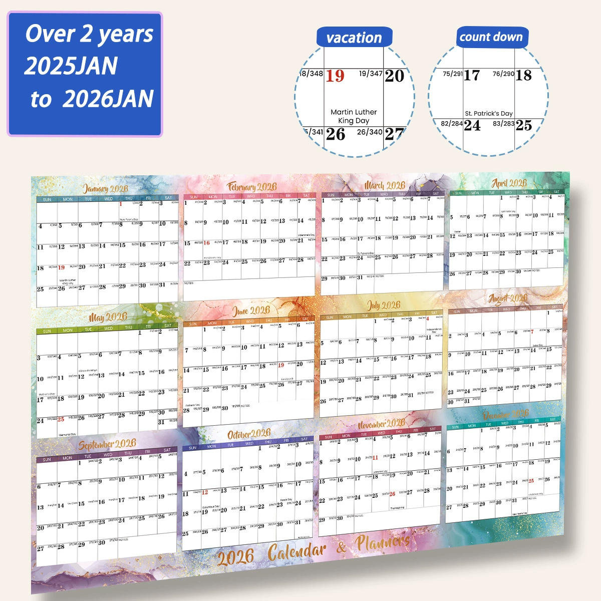Double-sided erasable wall calendar, 2025 years, 12 month, English