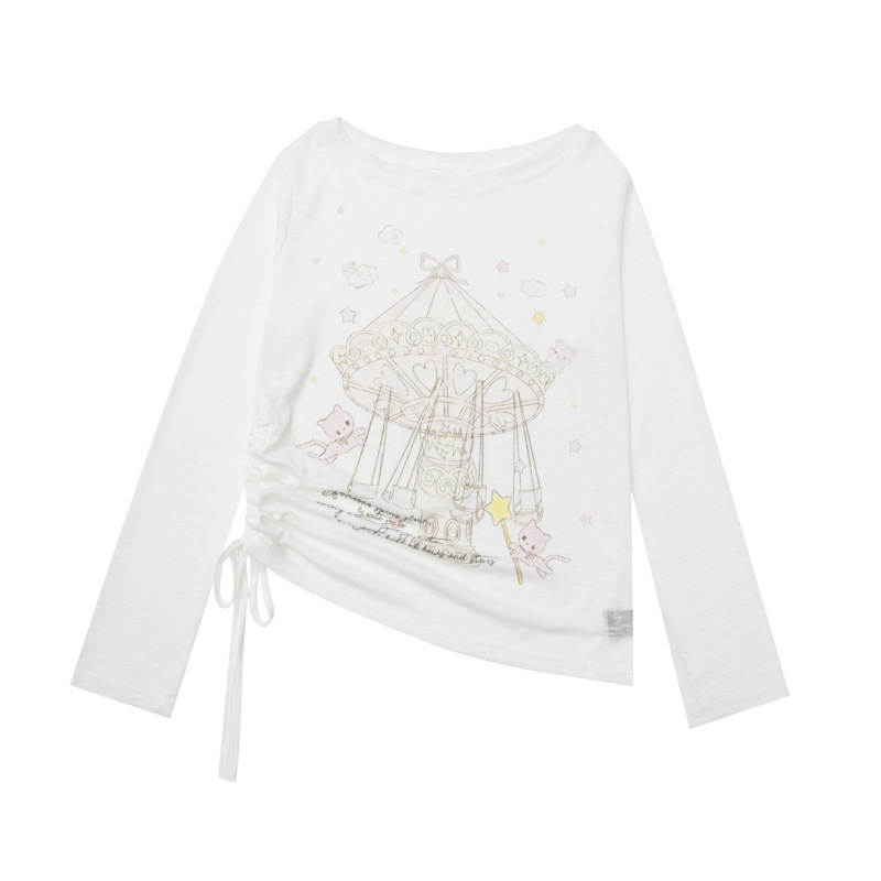 Japanese-Style Carousel Print Ruched Long-Sleeve T-Shirt for Women 2026 New Style Casual Lightweight Sun-Protective Cover-Up Top Japanese-Style Carousel Print Ruched Long-Sleeve T-Shirt for Women 2026 New Style Casual Lightweight Sun-Protective Cover-Up Top