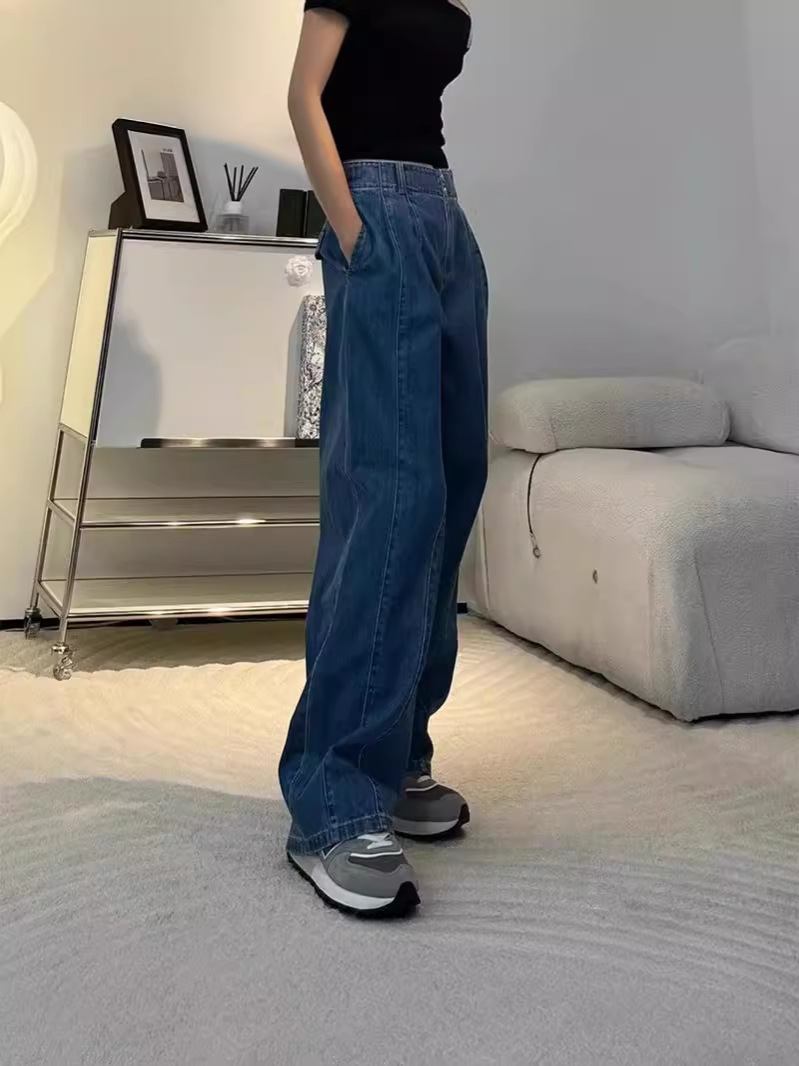 Quần jean nữ ống rộng cạp cao dáng chuối xếp ly denim dễ phối — Màu xanh lam