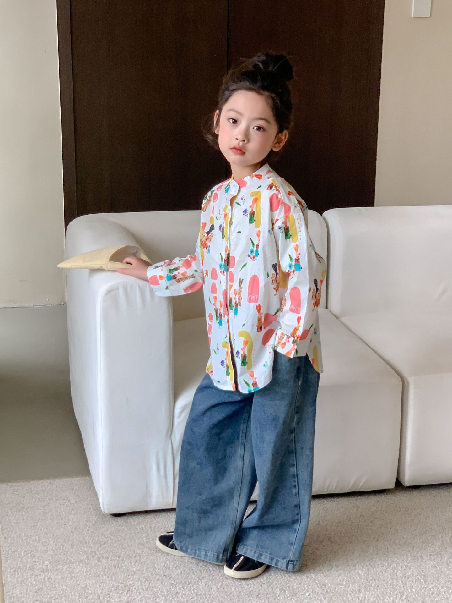 Camisa de graffiti divertida para niños collar de pie para Niñas Ropa para niños 2024 primavera bebé niña de dibujos animados impresa camisa de manga larga ropa de diseño