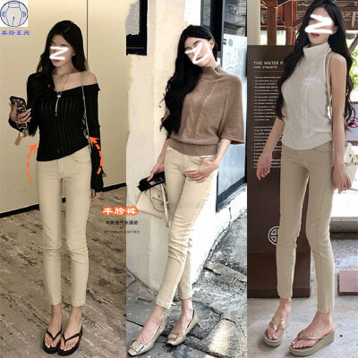 Light Khaki Wide-Leg Pants for Women, Retro Slim-Fit Skinny Jeans, Slimming Chopstick-Leg Cropped Jeans, Trendy Light Khaki Wide-Leg Pants for Women, Retro Slim-Fit Skinny Jeans, Slimming Chopstick-Leg Cropped Jeans, Trendy