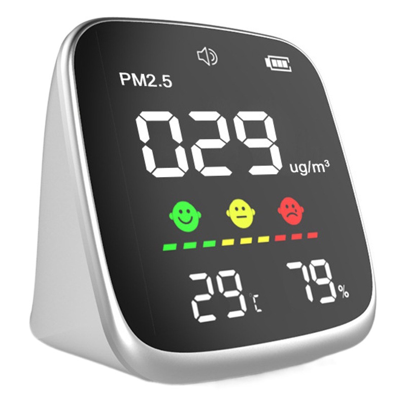 Suministro directo de la fuente, función de alarma, detector de calidad del aire PM2.5, temperatura y humedad, comercio inglés