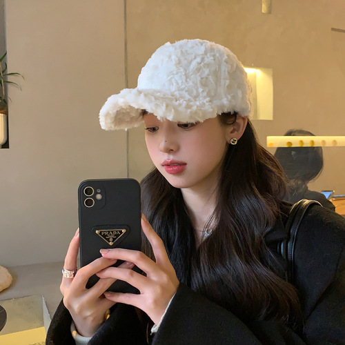 Korean version of winter thickened and warm imitation rabbit fur peaked cap, trendy, versatile, casual, versatile, fashionable, solid color baseball hat for women