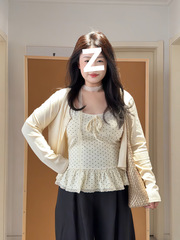 大码胖MM韩系甜美风减龄波点吊带修身长袖开衫两件套女秋款套装女