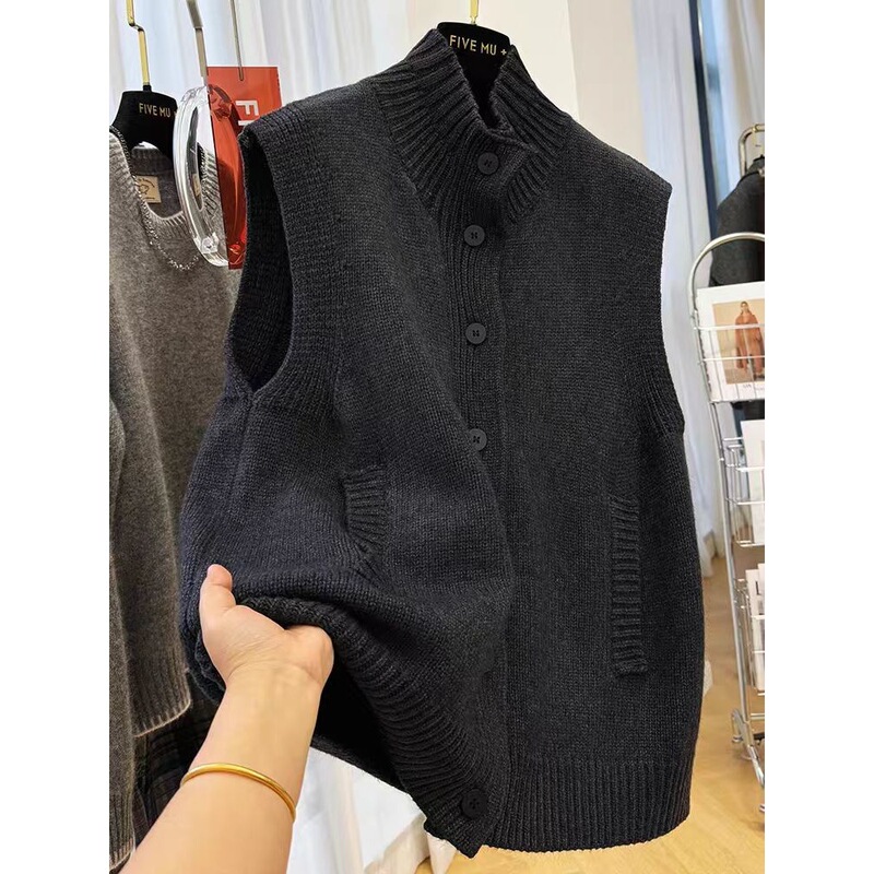 Versatile Pullover Sweater New Sweater Autumn and Winter Loose Vest Half Turtleneck New Vest Top Dark Gray