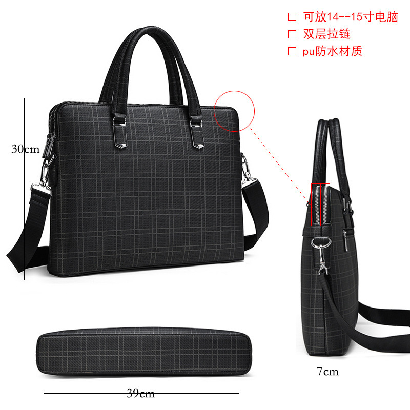 New Men's Shoulder Bag, Plaid Leather Bag, Handbag, Large-Capacity Laptop Bag, Business Trip Cross-Body Briefcase