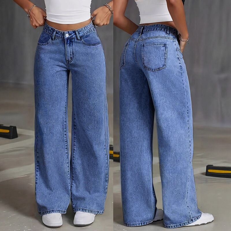 High-Waisted Loose Wide-Leg Pants with a Draping Effect, Floor-Length Black Straight-Leg Jeans for Women High-Waisted Loose Wide-Leg Pants with a Draping Effect, Floor-Length Black Straight-Leg Jeans for Women