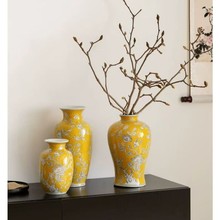 发财树黄色复古花瓶新中式手绘陶瓷花器陶瓷美式装饰复古玄关瓷器