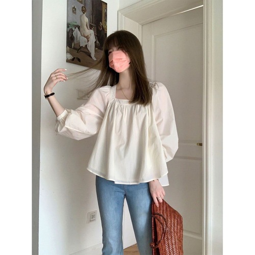 Women's Spring and Summer Korean Style Loose and Fashionable Short-Sleeve Square Collar Shirt with a Cute Japanese Vibe