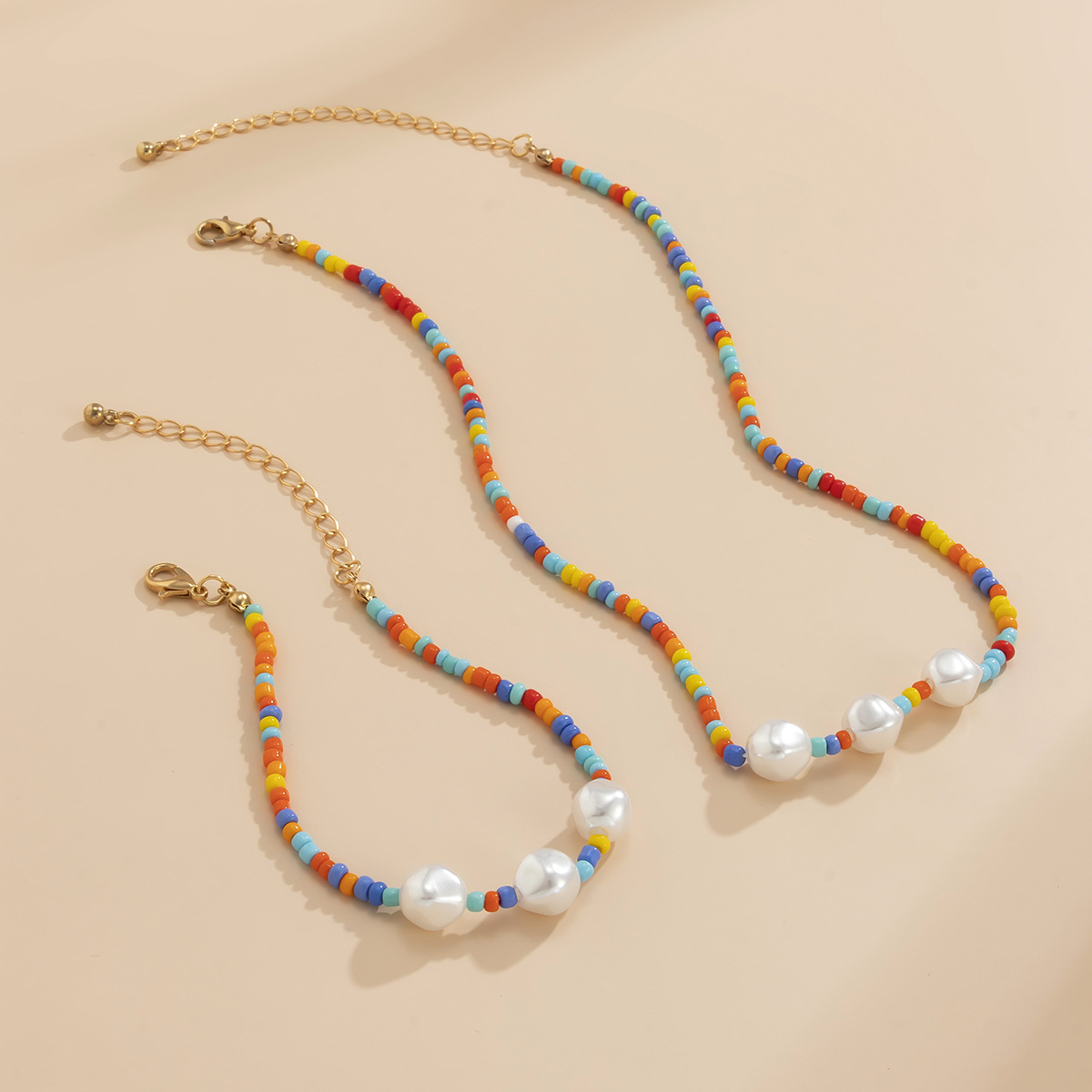 Europe And America Cross Border Jewelry Pastoral Color Matching Beaded Hand-woven Bead Necklace Retro Imitation Pearl Necklace Suit display picture 6