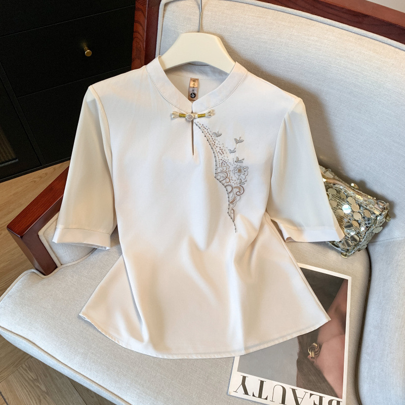 Chinese Style Embroidered Silk Shirt Women's Mid-Sleeve Spring and Summer New Chinese Style Mulberry Silk Top Mother's Quarter-Sleeve Shirt