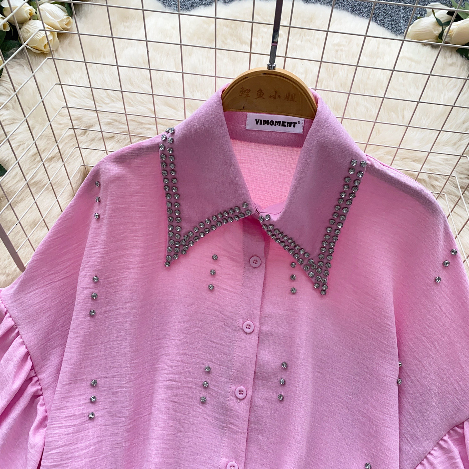 Women's French Style Rhinestone Blouse Summer Lantern Sleeve Cardigan Beaded Collar Loose Fit Versatile High End Top Heavy Duty_ecoleips.com