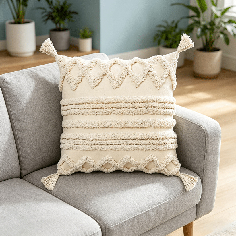 Cream lienzo bordado funda de almohada estilo nórdico ligero lujo cojín de sofá geométrico decoración de hoteles residencial funda de almohada
