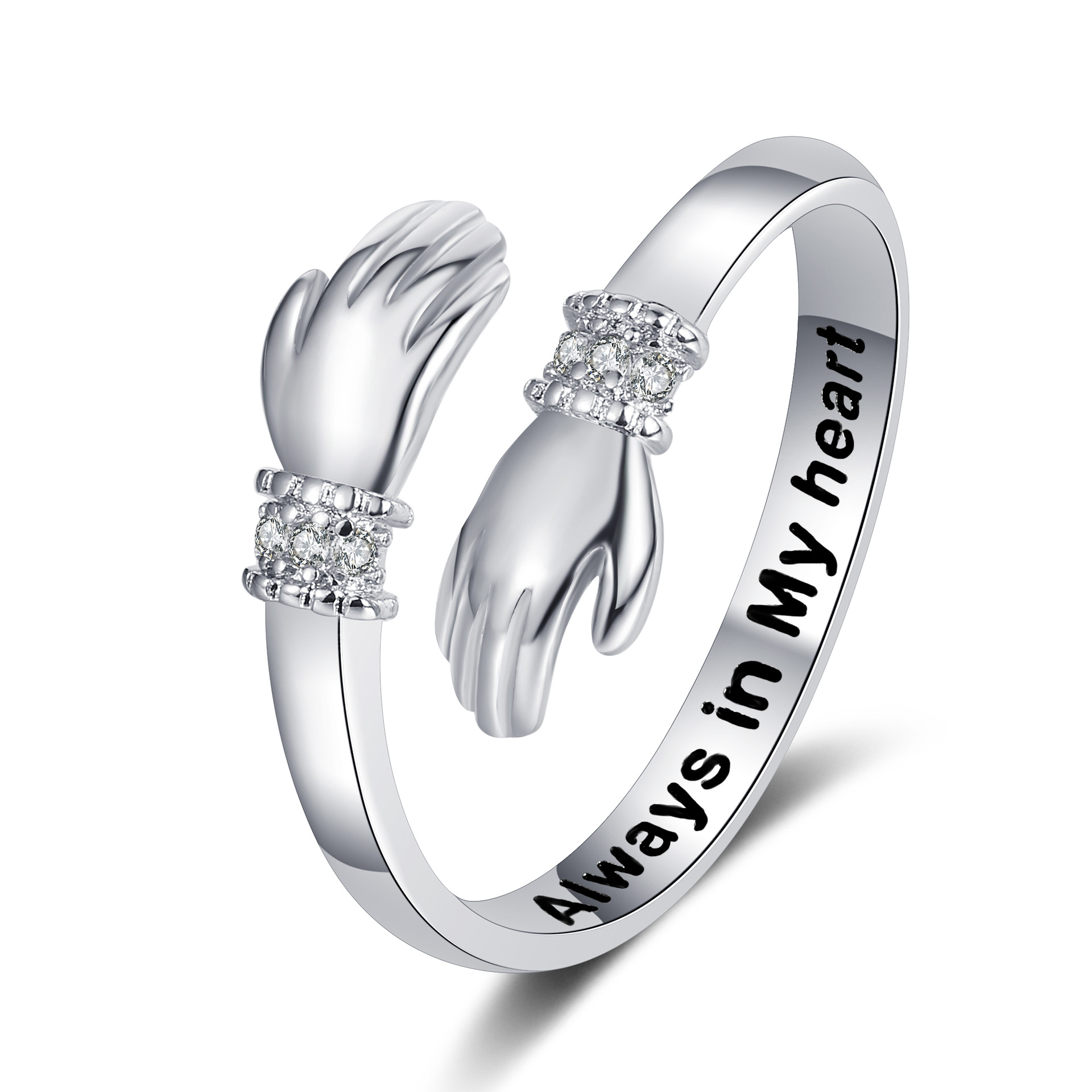 Europeo y americano creativo amor abrazo manos anillo de diamantes letras de las mujeres apertura anillo ajustable regalo de corazón