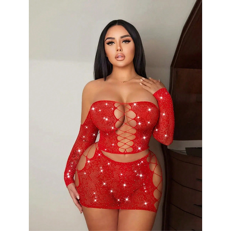 Benqian Sexy Lingerie Rhinestone Tube Top Mesh Dress Pure Desire Hollow Out Innocent Girl Two-Piece Set Bodycon Skirt T9058