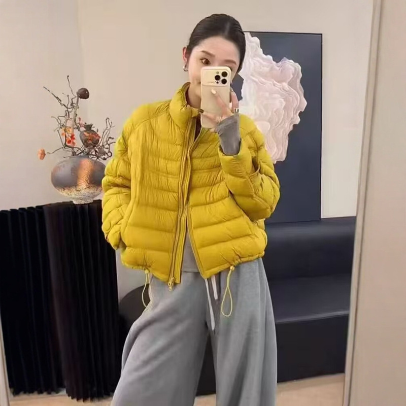 Short Stand Collar Ribbed White Duck down Jacket for Women 2025 Winter New Petite Casual Versatile Warm Top