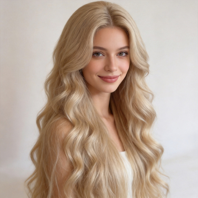 Fashionable Cross-Border Long Curly Wig Full Head Set with Big Waves, Golden European and American Style, Bangs, Milk White Platinum Wig Wholesale