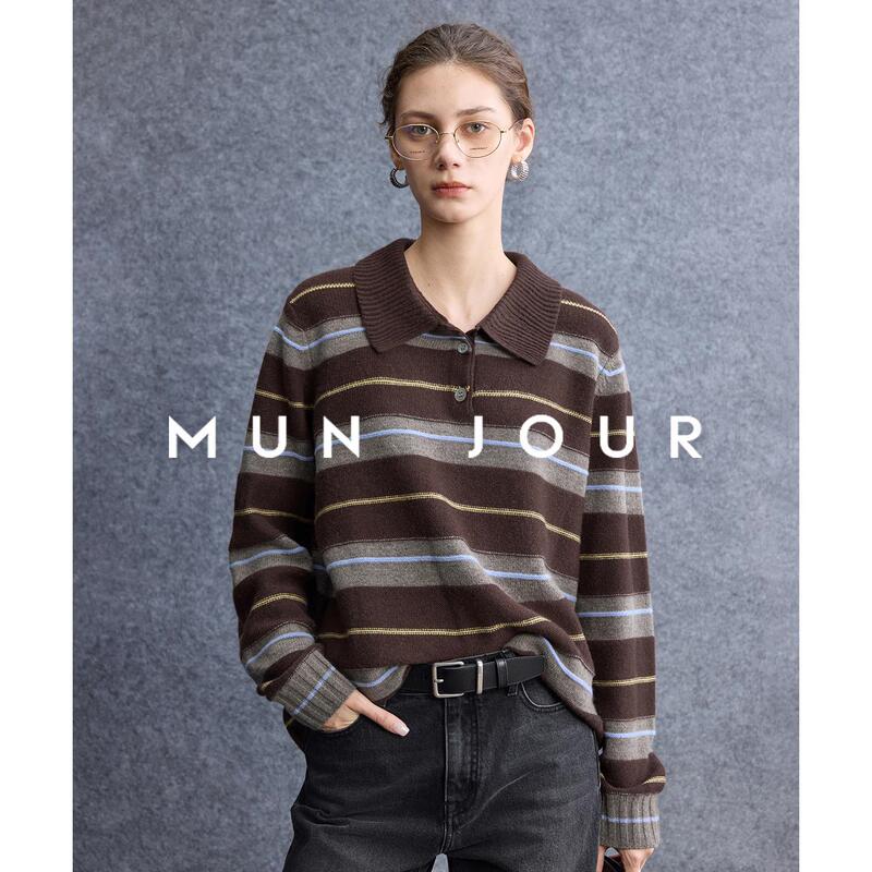 Relaxed Old Money Style_ Trendy Color-Block Striped Fluffy Warm Cashmere Wool Polo Collar Long Sleeve Knit Sweater Relaxed Old Money Style_ Trendy Color-Block Striped Fluffy Warm Cashmere Wool Polo Collar Long Sleeve Knit Sweater