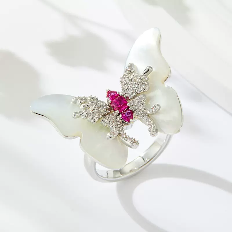 轻奢天然贝母开口戒指原创设计高级感铜合金微镶锆石可调节指环圈