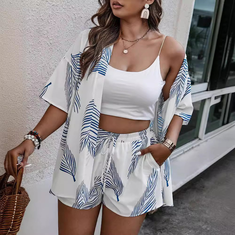 2024 European and American cross-border spring and summer new women's clothing Amazon Fashion printing casual holiday style cardigan shorts suit