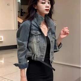 港风复古做旧水洗牛仔外套女春时尚个性别致宽松短款夹克上衣