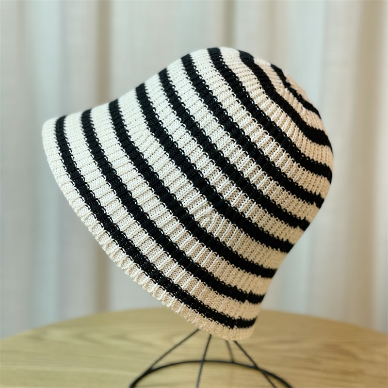 New Hat for Women's Casual Shopping Striped Fisherman Hat, Korean Version, Fashionable and Versatile Knitted Round Top Basin Hat, Foldable and Trendy_voghion.com