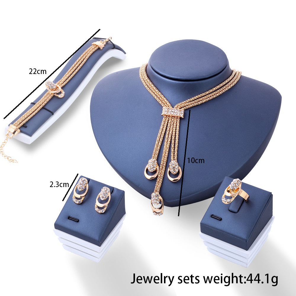 Cross-Border European and American Style Versatile Rhinestone Tassel Necklace, Earrings, Ring, Bracelet Four-Piece Set Women's Jewelry Fashion Accessories