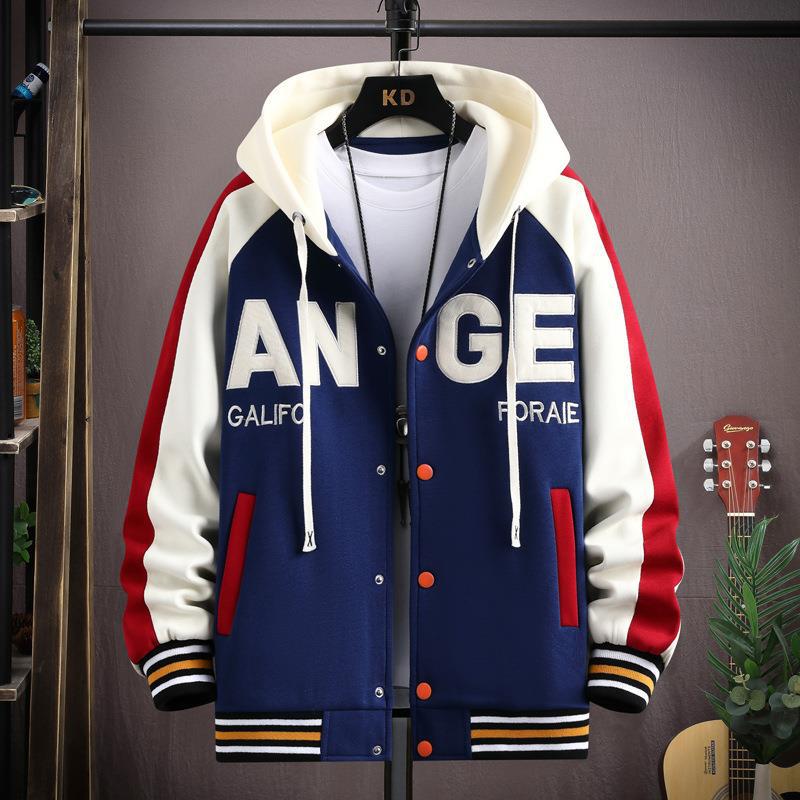 Spring and Autumn Hooded Jacket Sweatshirt, Trendy Color-Blocked College Style Baseball Uniform for Middle and High School Students