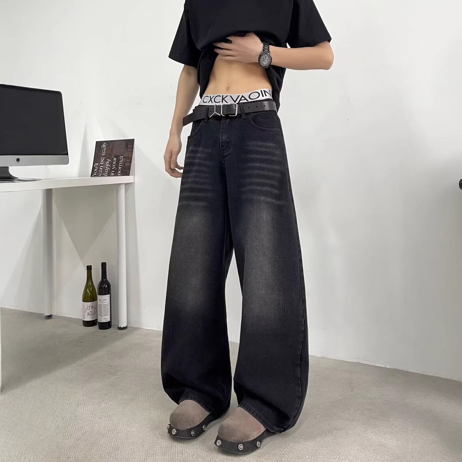 Men's American Vintage Black Saber-Cut Jeans – High Street Drop-Crotch Wide Leg Pants (S-3XL, Heavyweight Washed Denim)_mkmklike.com