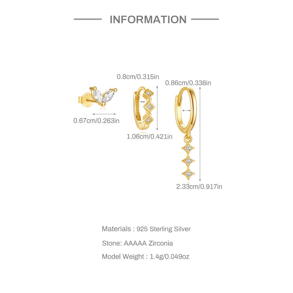 5g Weight 925 Sterling Silver Ear Needle Material Zircon Inlay Material Earrings Classification 3 Pieces Set Quantity Daily, Street Occasion 925 Sterling Silver Material Geometric Pattern Women's Gender Inlay Design Simple Style, Shiny Style 3 Pieces Set 925 Sterling Silver Zircon Geometric Earrings 2