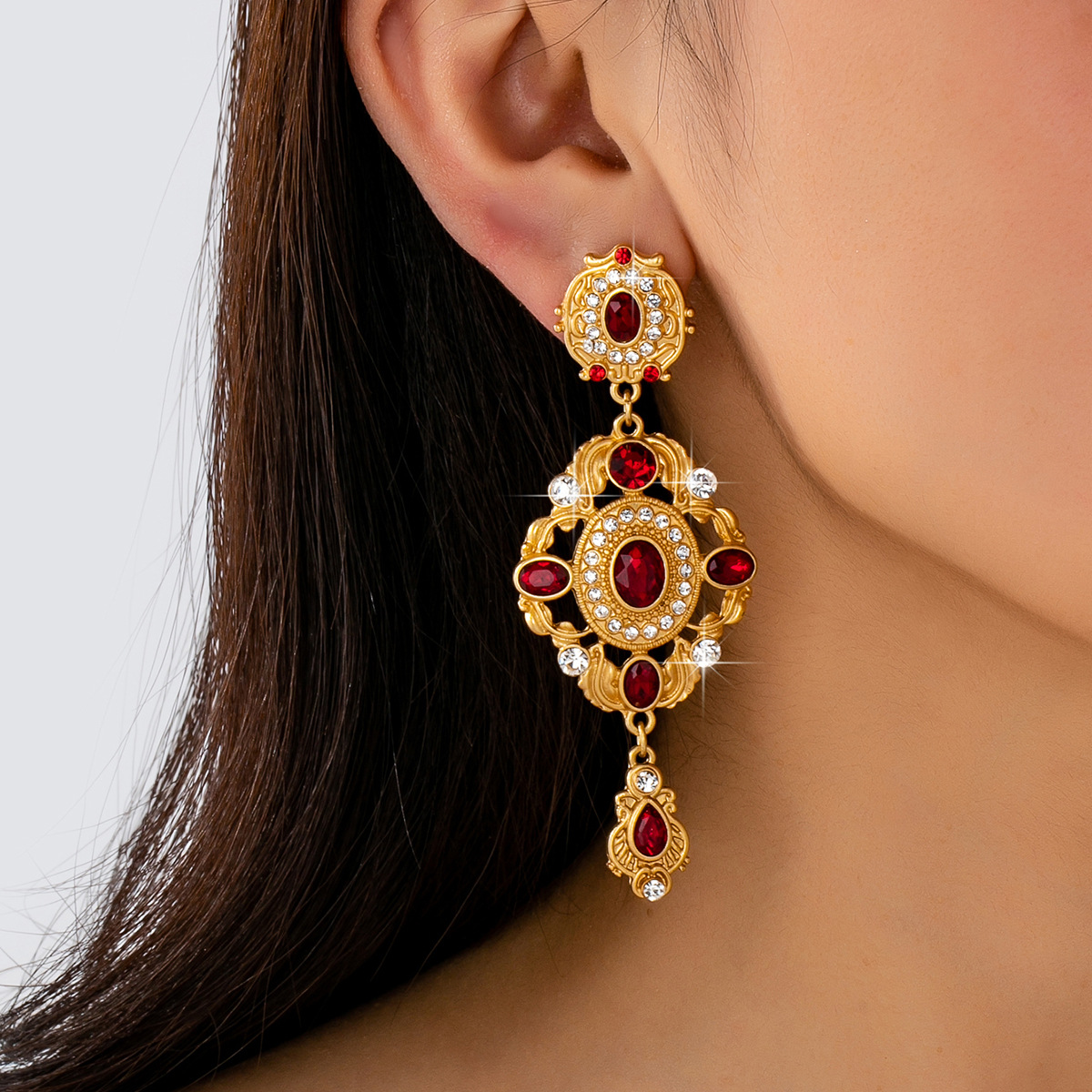 中古vintage饰品复古宫廷风镶嵌安哥拉红玻璃耳坠做旧镶钻耳钉