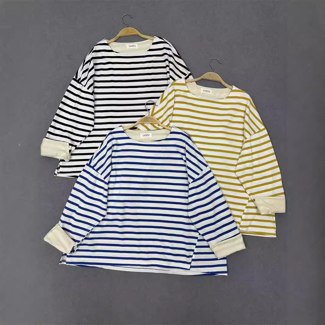 日系小清新休闲风圆领条纹纯棉横宽松T恤女拼接百搭长袖上衣