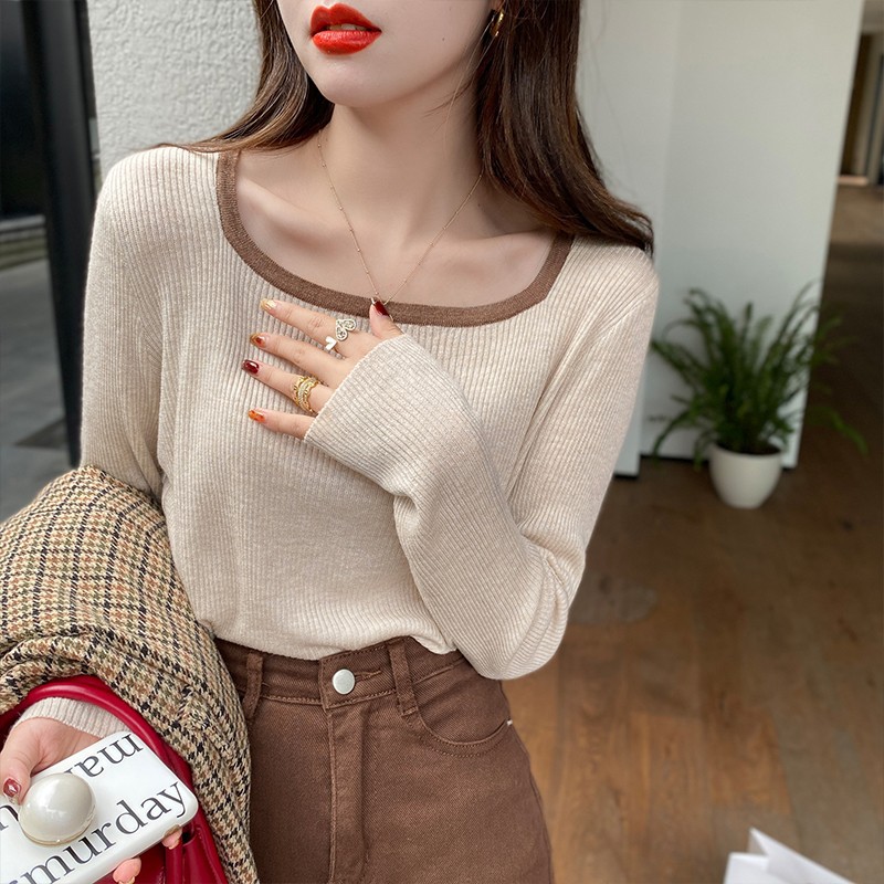 Square-Neck Base Shirt for Women, Early Autumn Versatile Knit Sweater, High-End Style Top, French Style, 2026 New Hot-Selling Model