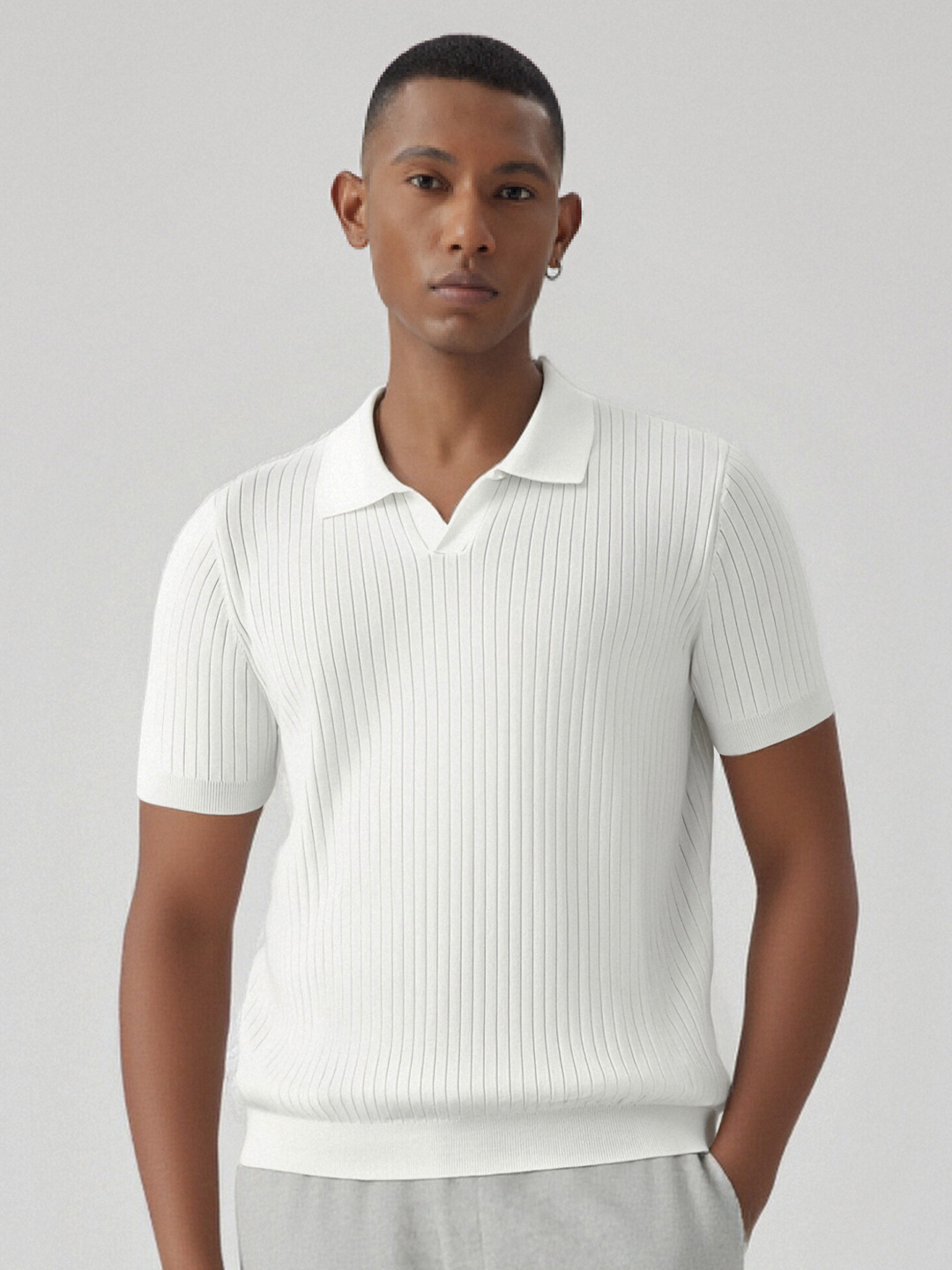 Camiseta Polo de Punto Jacquard con Cuello en V Estilo Americano para Hombre, Cuello Retro de Gaviota, Manga Corta, Modelo E75010