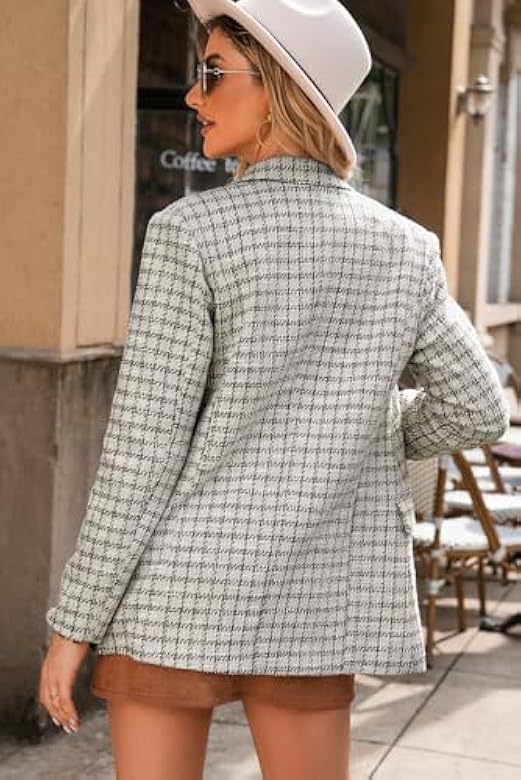Women's Tweed Blazer Jacket Double Breasted Plaid Workwear_voghion.com